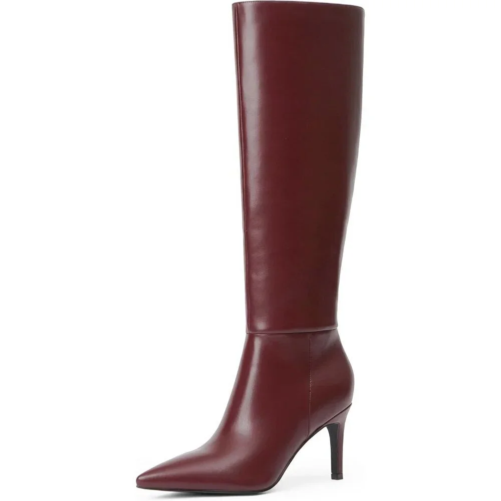 Women Burgundy Faux Leather Pointed Toe Tall Stiletto High Zipper Dress Boot